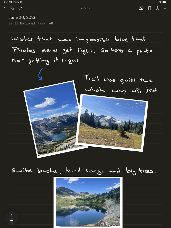 A hiking entry written in white ink on dark paper, with three photos