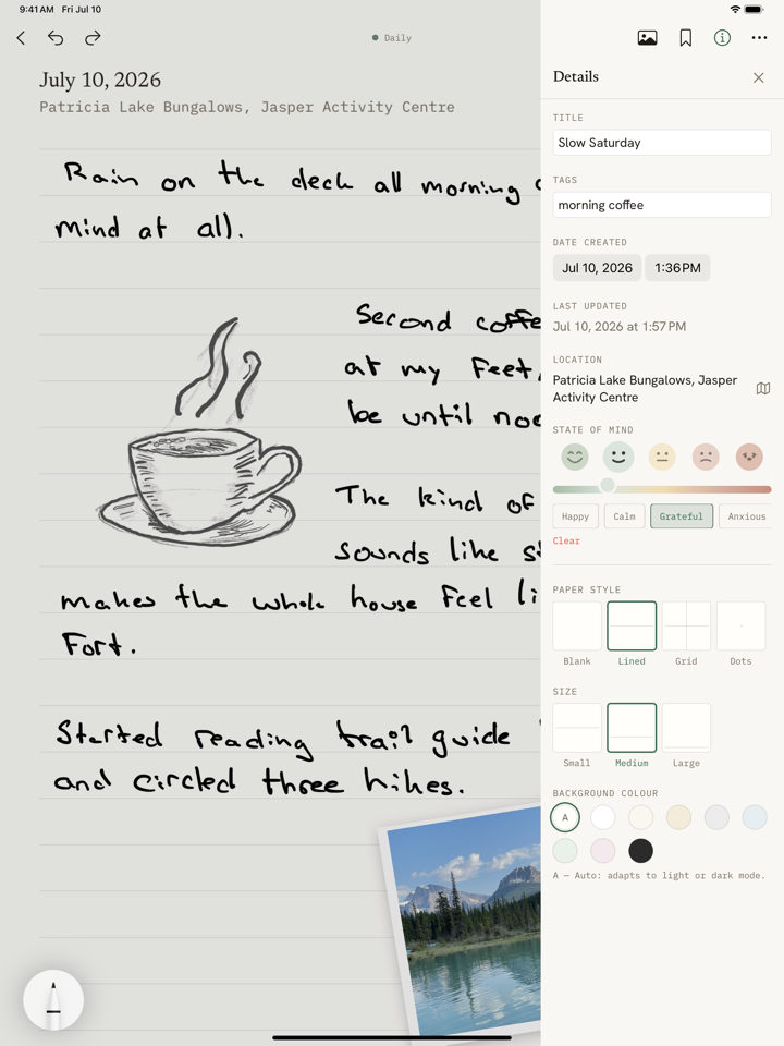 The details panel beside an entry: title, tags, location, and a state of mind picker