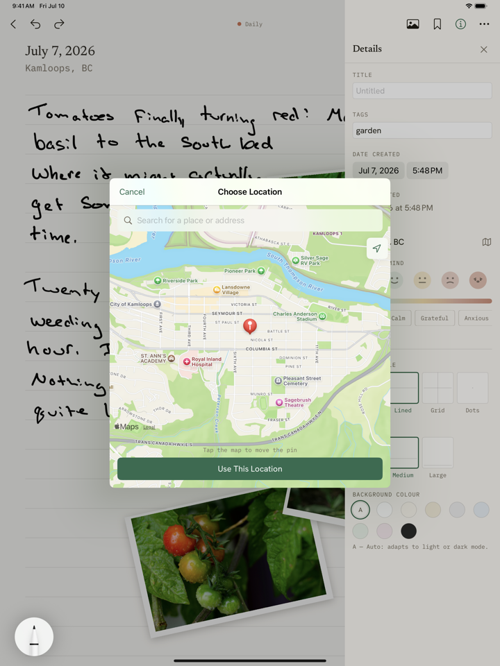 The location picker: a map of Kamloops with a dropped pin over a garden entry