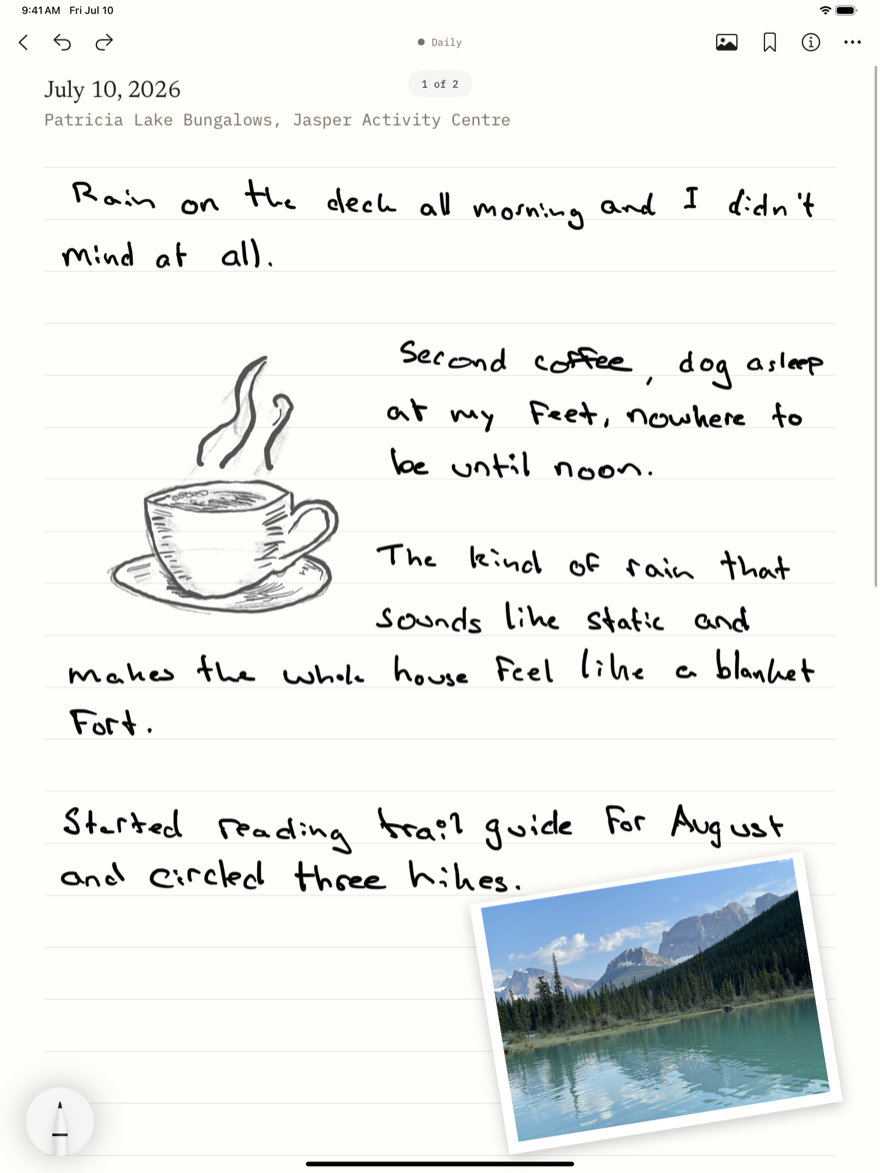 A handwritten journal entry on cream paper, with a doodle and a location line