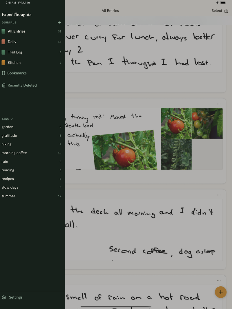 The journals drawer open over a feed of handwritten entries